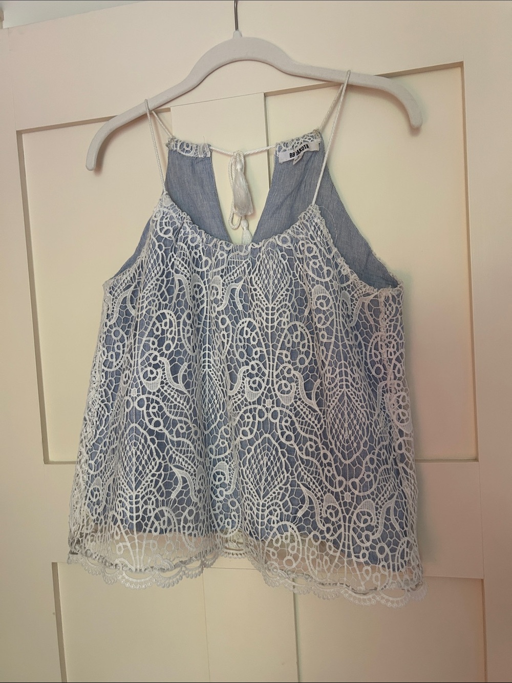 BB Dakota Light Blue Tank with White Lace Overlay